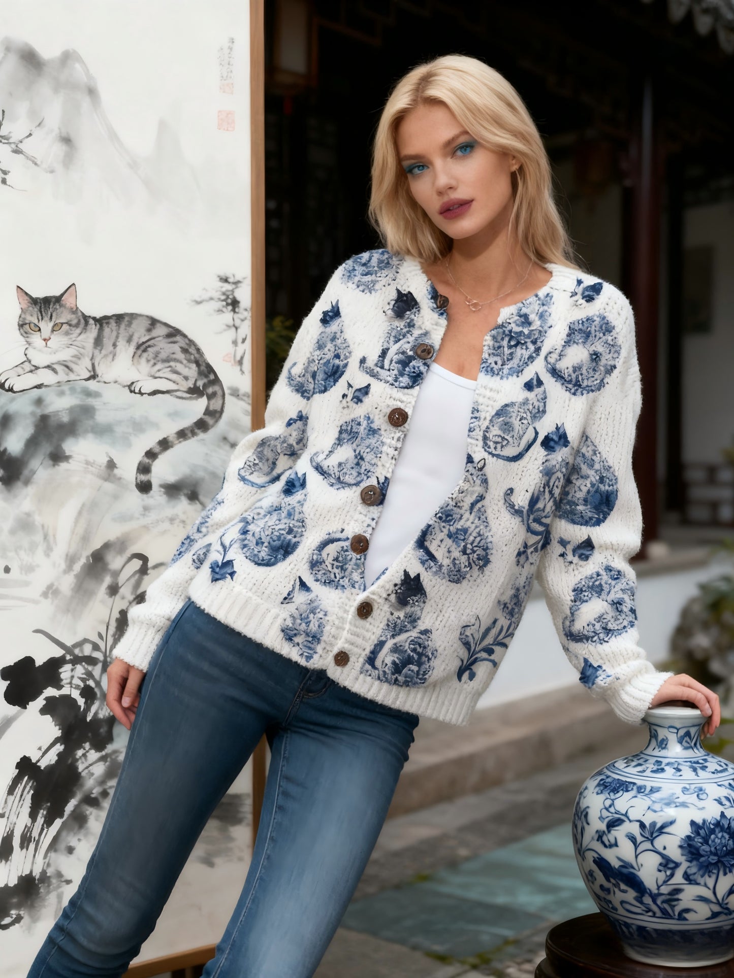 Women's Lightweight 3D Cat Print Cardigan - Open Front Button Detail Sweater, Elegant Casual Chic for Spring Summer Fall, Cat Lover Gift, Cat Clothes, Versatile Layering, Playful Design, Breathable Fabric, Printed Sweater, Women