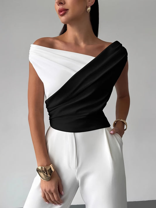 Summer Solid Color Sleeveless T-Shirt, Simple Style, Off-Shoulder, Slim Fit, Sleeveless Short Top