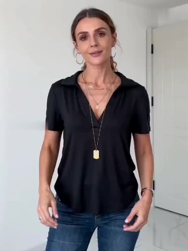 Women's Elegant V-Neck T-Shirt - Breathable Short Sleeve Casual Top with Moderate Stretch, Solid Color Machine-Washable Shirt for Spring & Summer, Ladies T Shirts, Everyday Comfort Wear, Versatile Fashion, Smooth Texture