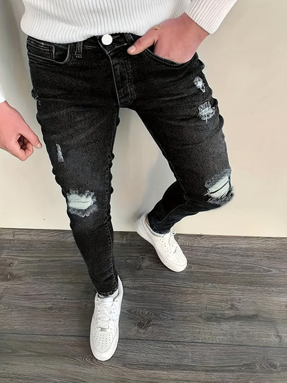 Men's Slim-Fit Distressed American Streetwear Jeans - Black High-Stretch Denim with White Frayed Hem & Ripped Knee Design, Machine Washable All-Season Casual Pants for Men, Jeans Special for Men, White Strech Jeans Regular Fit for Men, Stretch Jeans