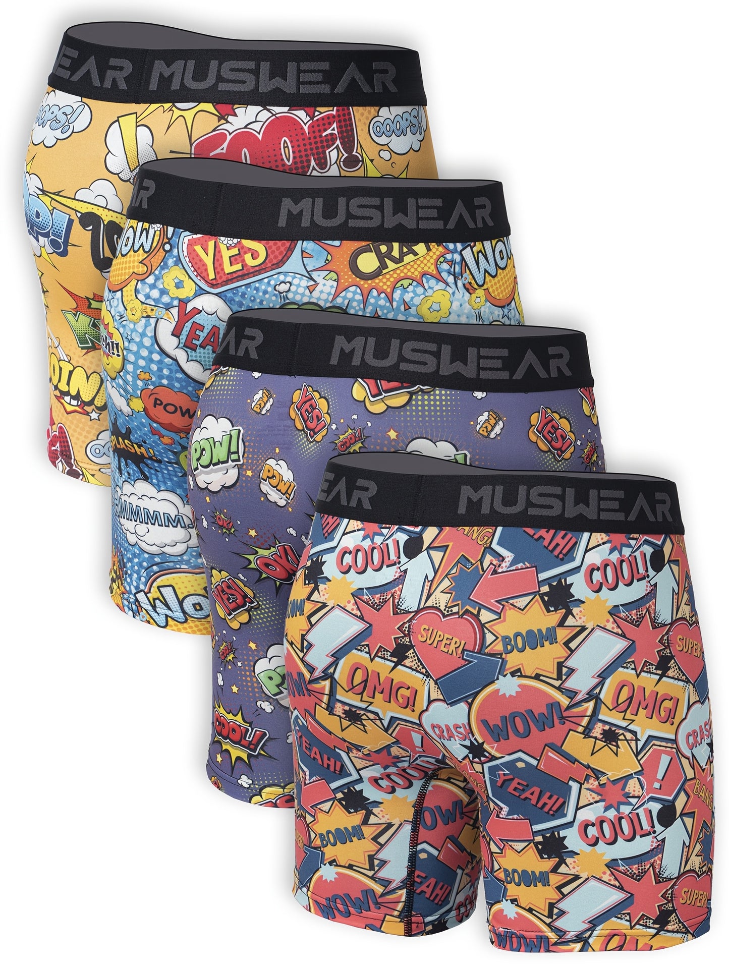 Set of 4 MUSWEAR Men's Boxer Shorts, Moisture-Wicking, Sweat-Absorbing, Side-Opening, Long Length, Print, Quick-Dry Sports Underwear in Cartoon Graffiti Comic Style.