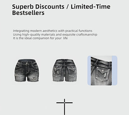 [HME] New Arrival Women's Fashion Ripped Black Denim Shorts. Mid-rise Design Enhances The Waistline, Frayed Hem Shows Charming Leg Lines, Women's Denim Shorts.