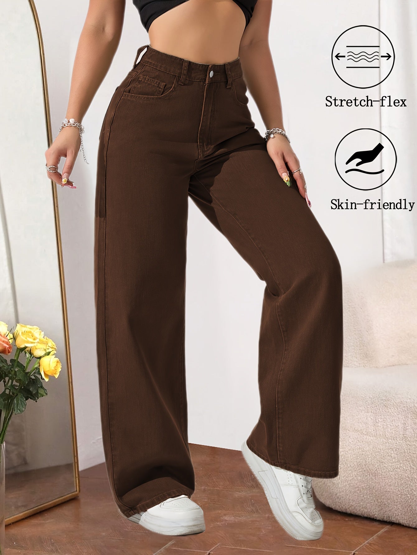 Women High Waisted Straight Leg Pants Stretch Fabric Casual Loose Fit Solid Color Full Length Trousers Soft Comfortable Elastic Waist Street Style Casual Attire Versatile Modern Fashion Pants for Women Office Travel Daily Outfit