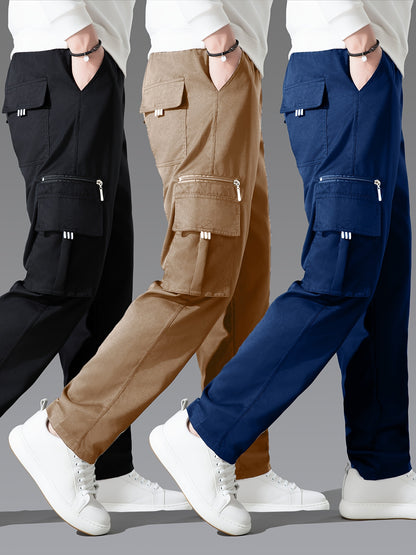 3pcs Men'S Casual Solid Color Cargo Pants, Polyester Non-Stretch Woven Fabric, Multiple Pockets, Regular Fit, Spring/Fall Season, Hiking & Outdoor Scene, Weekend Casual Occasion, Thick