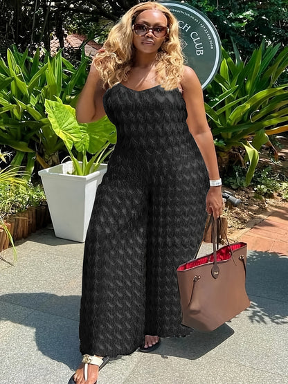 Plus Size, Plus Size Elegant Black Jumpsuit for Women - Chic Sleeveless V-Neck with Tassel Detail, Loose Fit, Polyester & Elastane Blend, Machine Washable - Perfect for All Seasons, Plus Size Jumpsuit