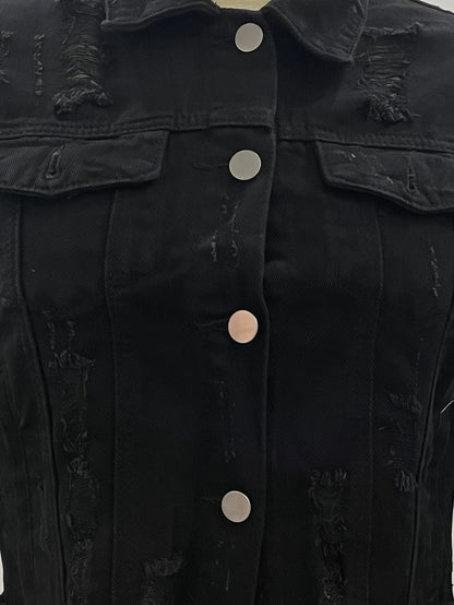 Women's Ripped Denim Jacket Casual Long Puff Sleeve Button Cropped Jean Coats for Women