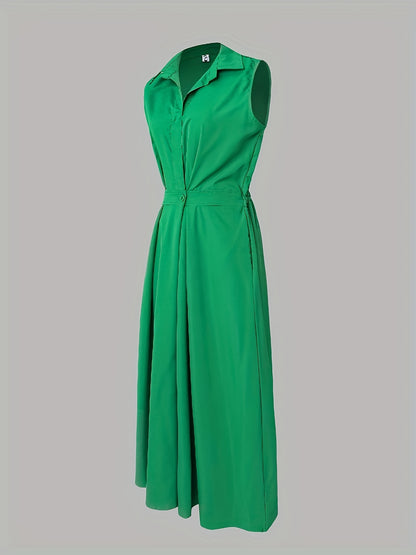Sleeveless Solid Color Lapel Long Dresses Midi Dresses