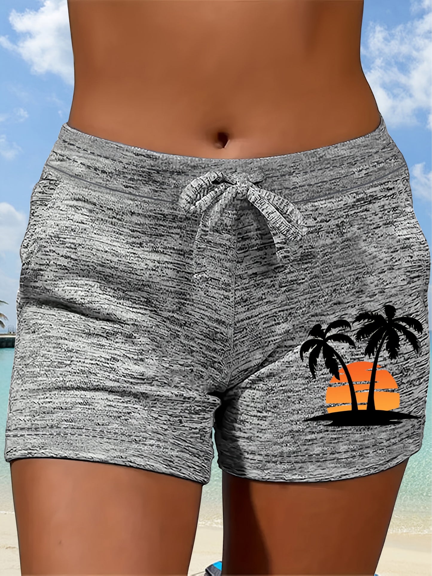 Women'S Tropical Sunset & Palm Tree Print Casual Shorts - Mid-Rise Drawstring with Pockets, Lightweight Machine-Washable Fabric, Perfect for Summer Vacation, Beachwear|Tropical Print|Lightweight Shorts