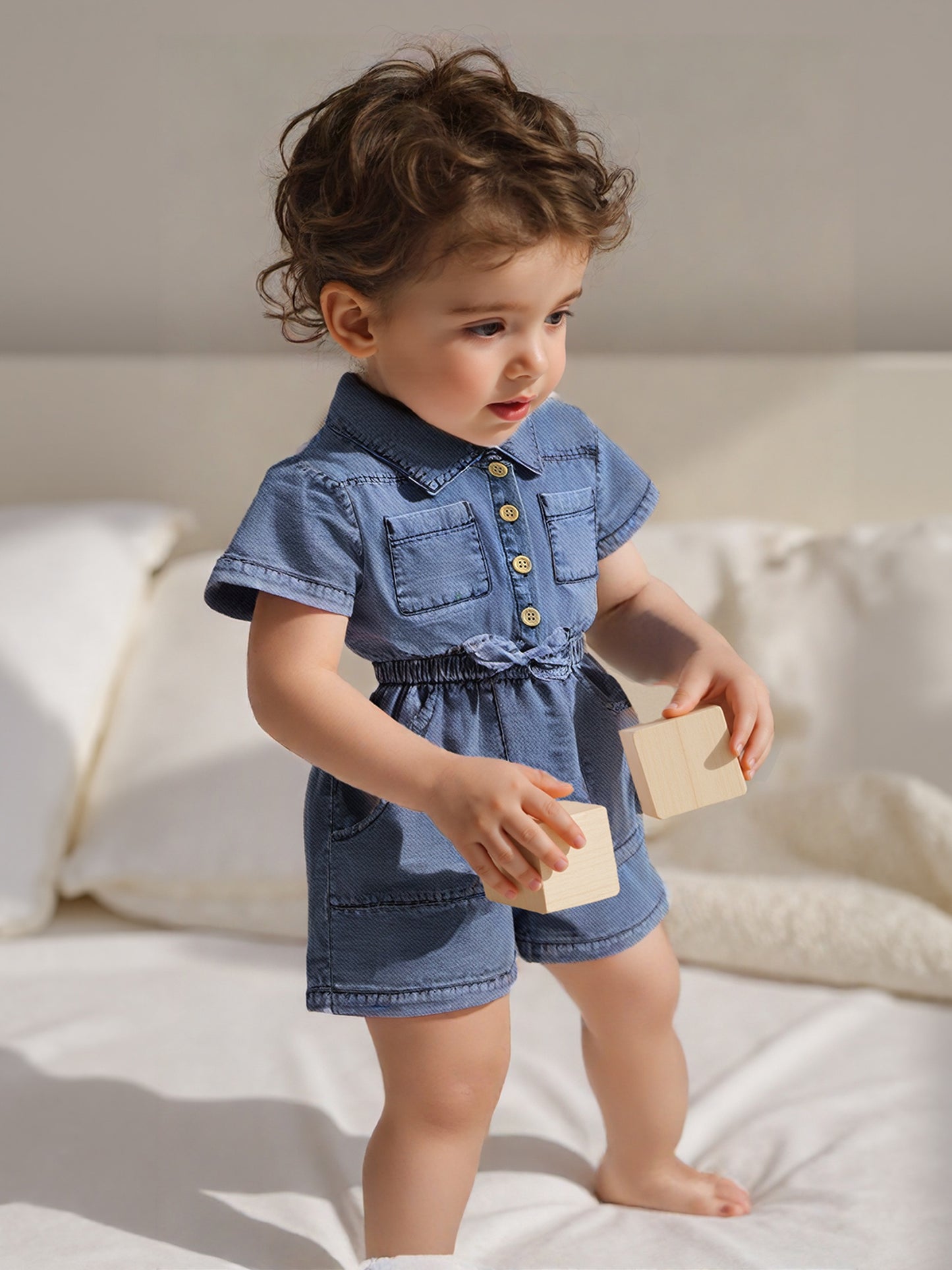 Denim Overalls for Baby Girls Featuring Short Sleeves, a Turn- Collar, Button Closure, And an Elastic Waistband