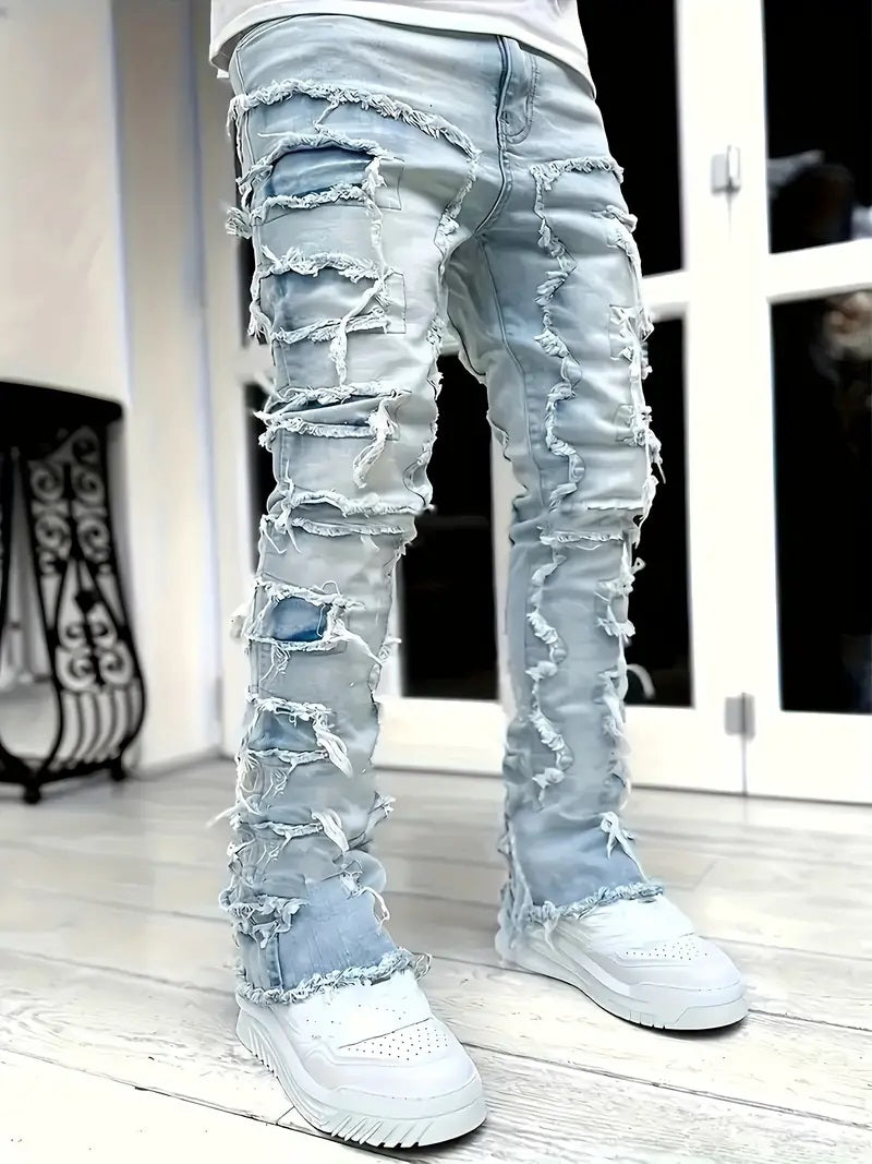 (Available In Five Colors) Teenager Ripped Jeans, Retro Street Style, High Street Patch Fabric, Popular Ripped Jeans, Fashionable Splicing, Slim Fit Jeans, Versatile Straight Jeans 1pc, Perfect for Outdoor, for Teenager