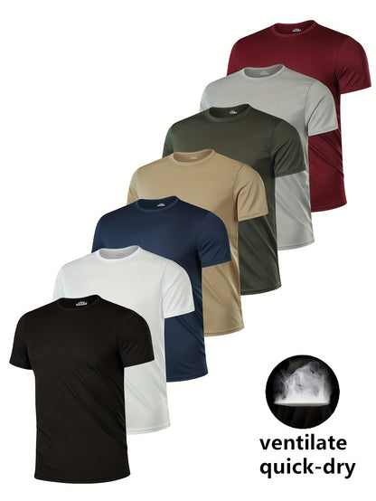 7pcs Men's Quick-Dry Moisture-Wicking Athletic T-Shirts - Breathable Round Neck Solid Color Tees for Running, Gym & Casual Wear, 7 Color Options, Spring/Summer Essentials, Workout Shirts, Summer Activewear, Breathable Fabric