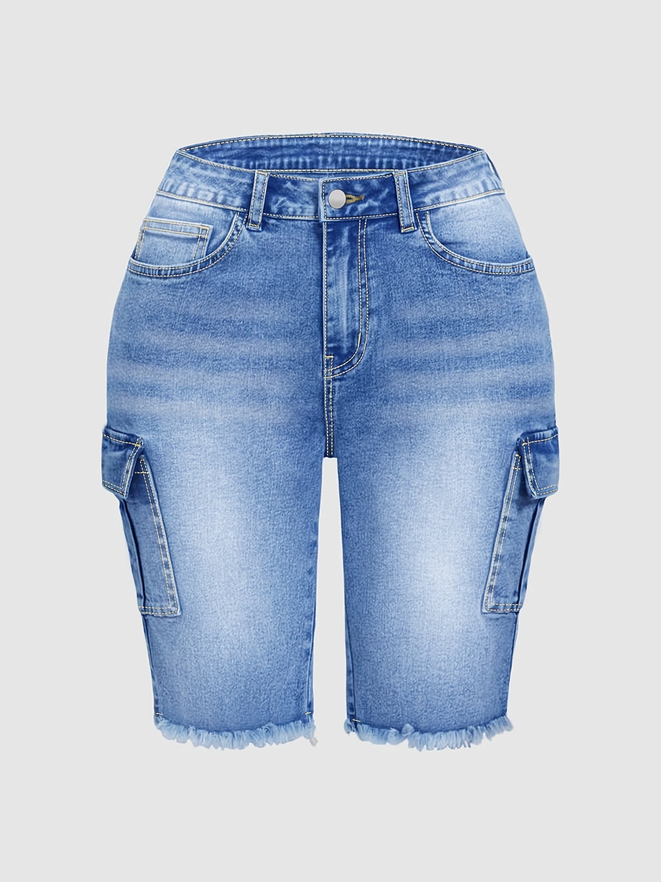 Large Size Imitation Old Blue Raw Edge Trouser Leg Tooling Flip Side Pocket Denim Cropped Pants Slim Retro Street Style High Waist Jeans Simple Fashion Spring And Summer Plus Size Denim Shorts