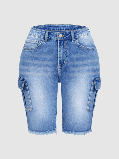 Large Size Imitation Old Blue Raw Edge Trouser Leg Tooling Flip Side Pocket Denim Cropped Pants Slim Retro Street Style High Waist Jeans Simple Fashion Spring And Summer Plus Size Denim Shorts