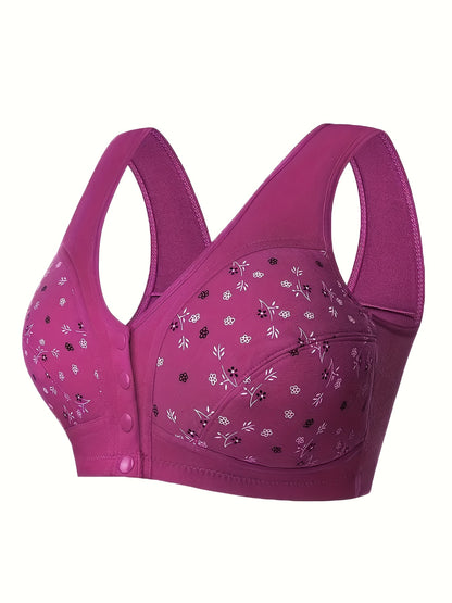 3pcs Plus Size Printed Front-Closure Bra Set Elegant Full-Cup Wire-Free Comfort Bras Women's Lingerie & Underwear Sets Everyday Bras Fashion Underwear Skin-Friendly Fabric Soft Material Padded Bras Seamless Underwear