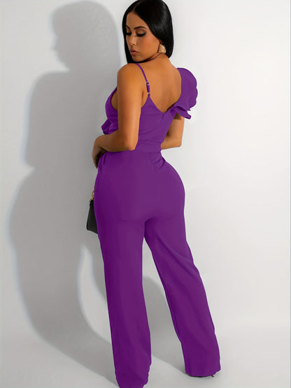 Womens Casual 1pc Jumpsuits V-Neck Sleeveless Ruffle Elegant Romper Wide Leg Pant Sexy Party Clubwear Overalls