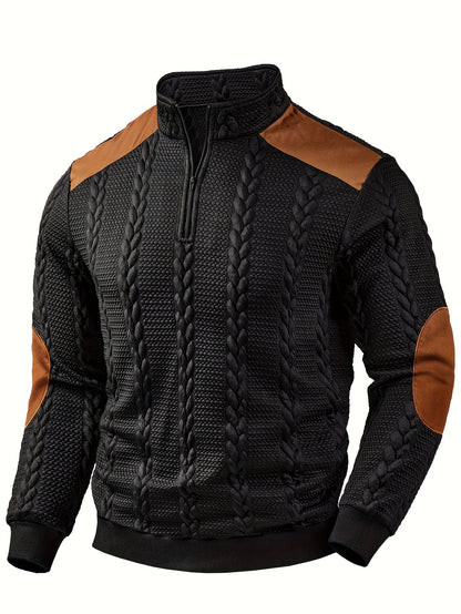 Casual Top for Men in Autumn/Winter, Featuring a Textured Wheat Pattern Fabric, Contrasting Ribbed Edges, And a Zippered Long-Sleeve Henley Design. an Ideal Present for New Year, Valentine'S Day, Or for Your Husband