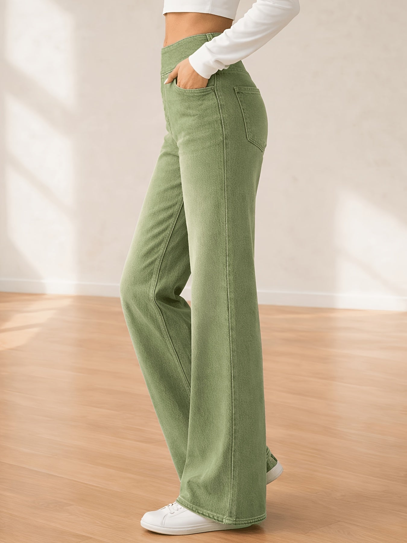 Women's Stretch Waistband Jeans High Waisted Slim Wide-Legged Jeans Loose Straight Leg Pants with Pockets Designed for All Seasons Versatile for Everyday And Formal Wear Machine Washable Women's Trendy Denim Pants for Office Wear Outdoor Jeans