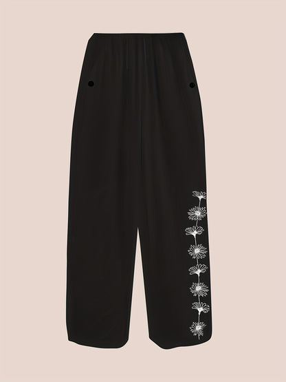 Plus Size Spring Summer Casual Floral Print Pants with Pockets and Elastic Waist, Perfect for Stylish Commuting