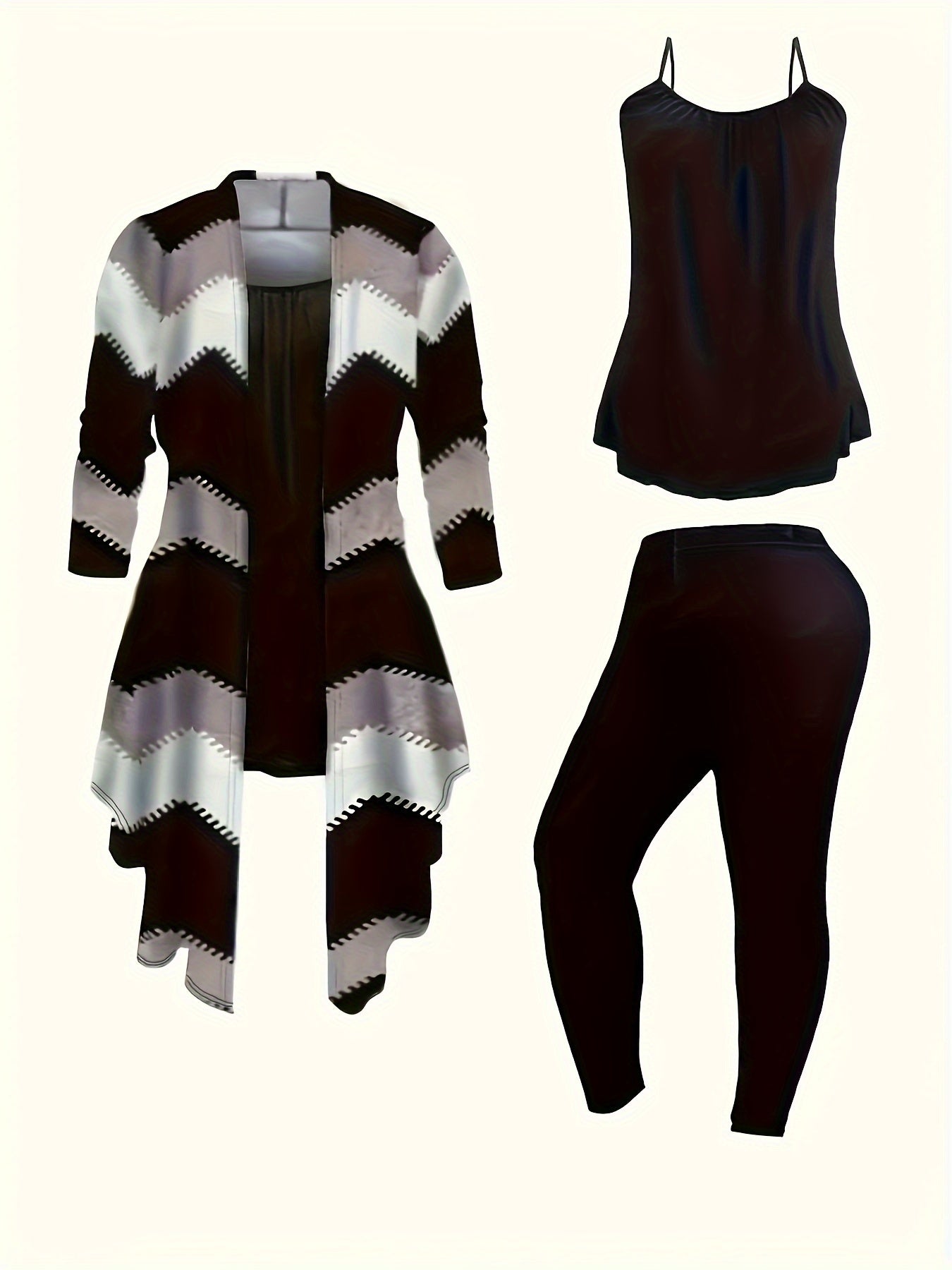 [Printed Cardigan Set] Women's 3pcs Set, Printed Cardigan Jacket Paired with Solid Color Casual Pants Vest Daily Set