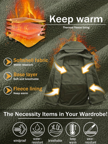 Winter-Ready High-Performance Jacket Men'S Jacket 7 Pockets Nondetachable Hood Performance Lined Soft Shell Winter Coats Windproof, Breathable Great for Camping, Fishing, Skiing Activities And Other Outdoor Activities