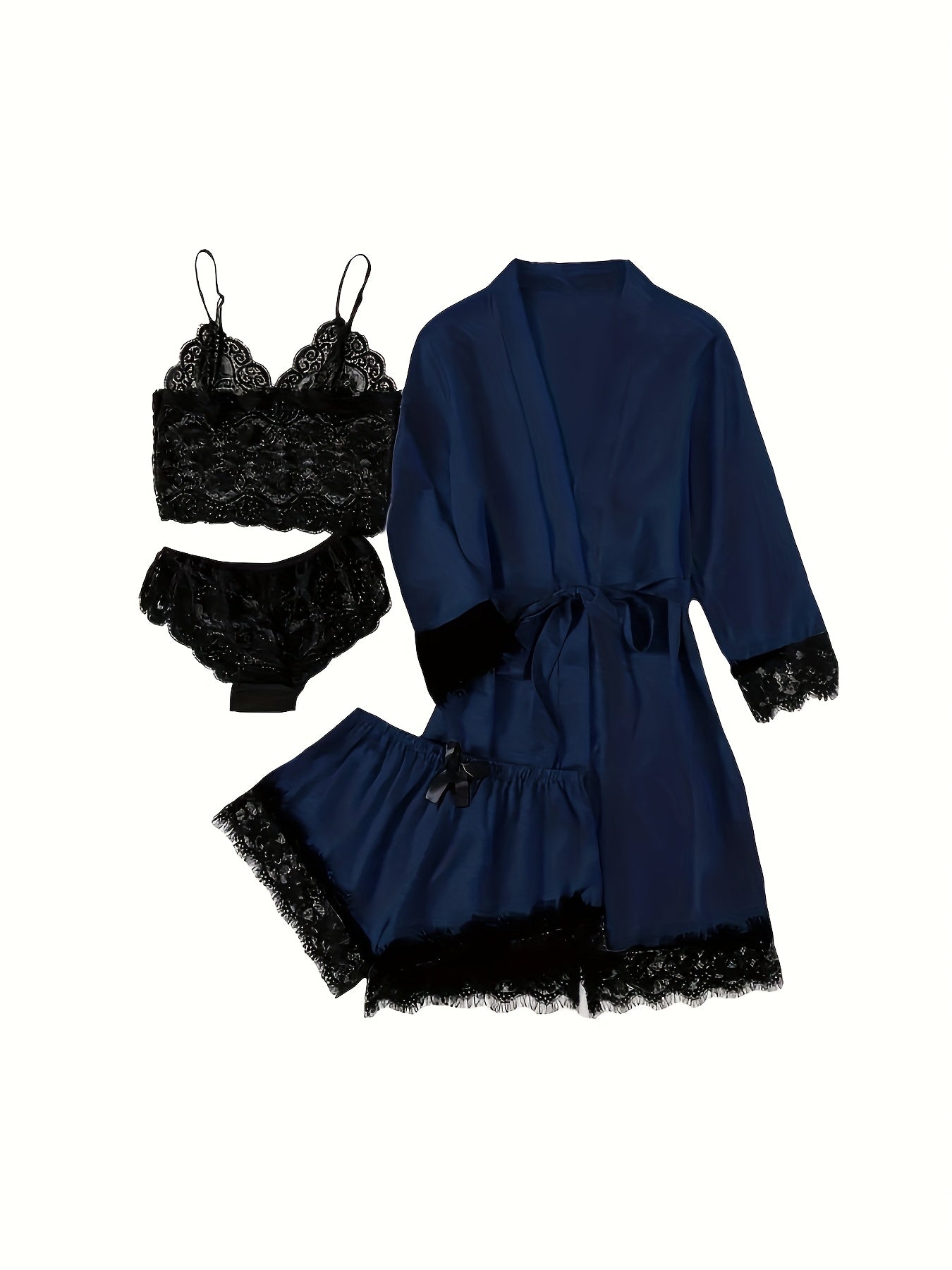 Women's Satin Fabric Pajama Set, Floral Lace Camisole Sleepwear and Robe 4pcs Set, Sexy Plus Size Nightwear with Pants and Belt, Loungewear