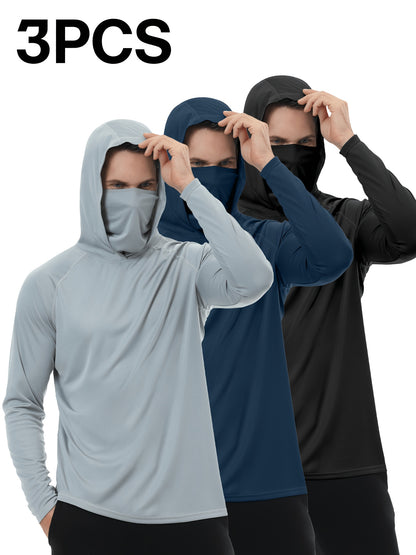 Kinglaman 3pcs Men's Fashion Hoodie Built-in Mask Trendy Lightweight, Comfortable, Quick-drying And Breathable