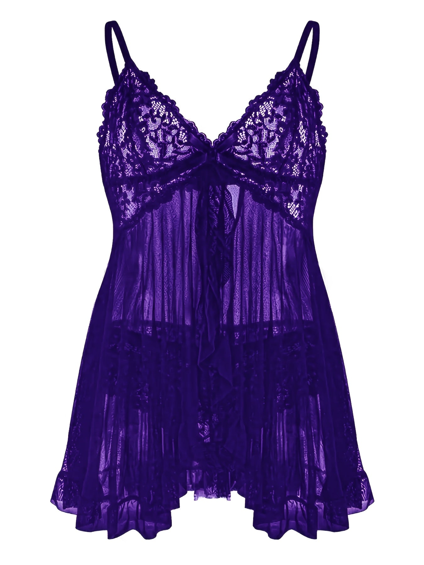 Big Size Sultry Valentine Lace Sleepwear Dress Set - Exquisite Lace, Flattering V-Neckline, Daring Backless Design, Delicate Ruffle Trim, Trendy Split Hem, Seductive Thong Detail, Ultra-Comfortable Fabric, Perfect For Romantic Night, Anniversary Gift