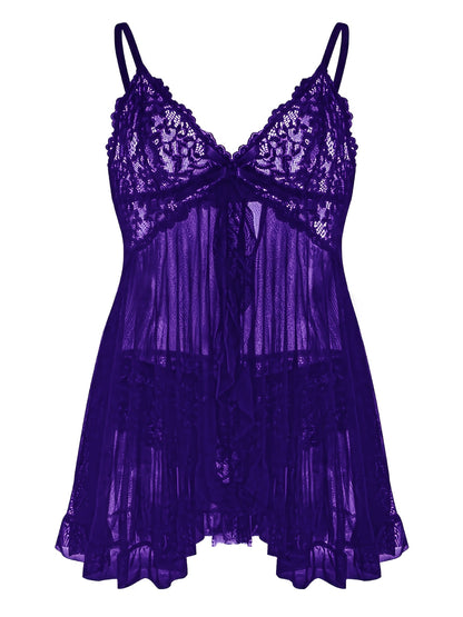 Big Size Sultry Valentine Lace Sleepwear Dress Set - Exquisite Lace, Flattering V-Neckline, Daring Backless Design, Delicate Ruffle Trim, Trendy Split Hem, Seductive Thong Detail, Ultra-Comfortable Fabric, Perfect For Romantic Night, Anniversary Gift
