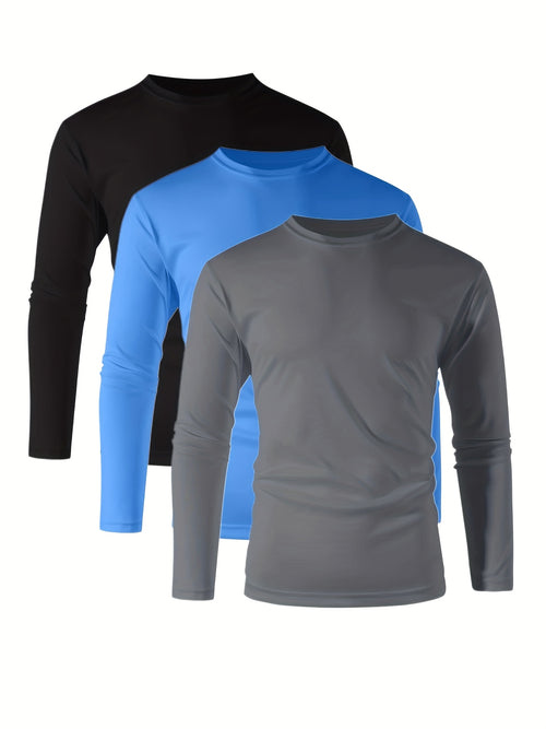 3-Pack Men's Quick-Dry Long Sleeve Shirts - Moisture Wicking UPF 50+ Sun Protection, Slim Fit Athletic Sportswear for Gym, Running, Golf & Beach - Breathable All-Season Machine Washable (Black/Blue/Grey, Sizes S-3XL), Long Sleeves Tops for Fitness, Outdoo