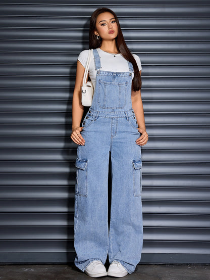 Women'S Denim Wide-Leg Cargo Jumpsuit with a Loose Fit, Baggy Design, And Adjustable Straps