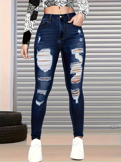 Women's Dark Blue Ripped Skinny Jeans, High Stretch Slim Fit Distressed Denim Pants with Pockets, Casual Streetwear Skinny Denim Trousers for Daily All-Season Wear