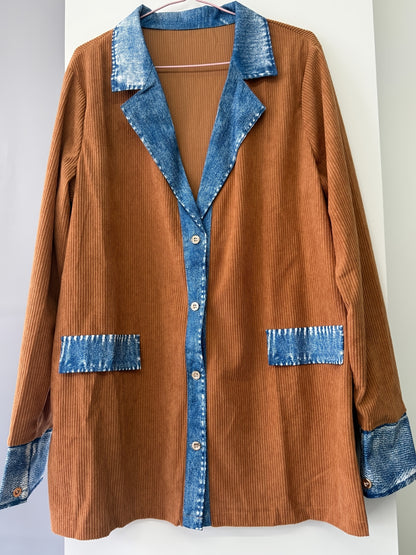 Casual Denim Patchwork Jacket with Loose Collar And Cardigan Top for Women | Long Sleeve, Single Breasted, Skinny Fit, Fall/Winter Collection