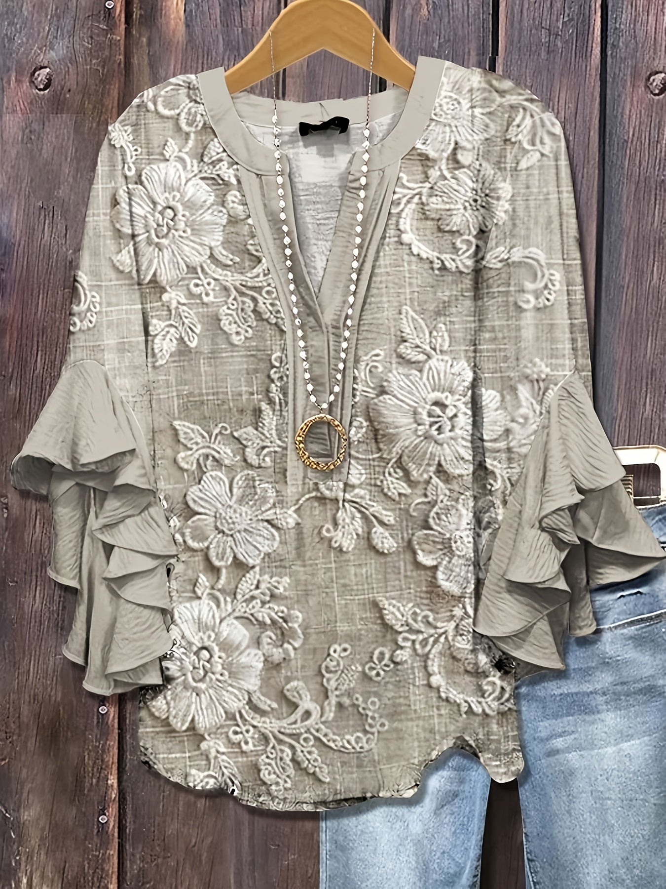 Women's Khaki Polyester Floral Printed Shirt - product view 4