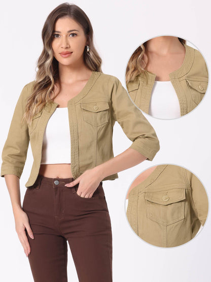 Denim Jacket for Women' S Collarless 2025 Cardigan 3/4 Sleeve Crop Jean Jackets