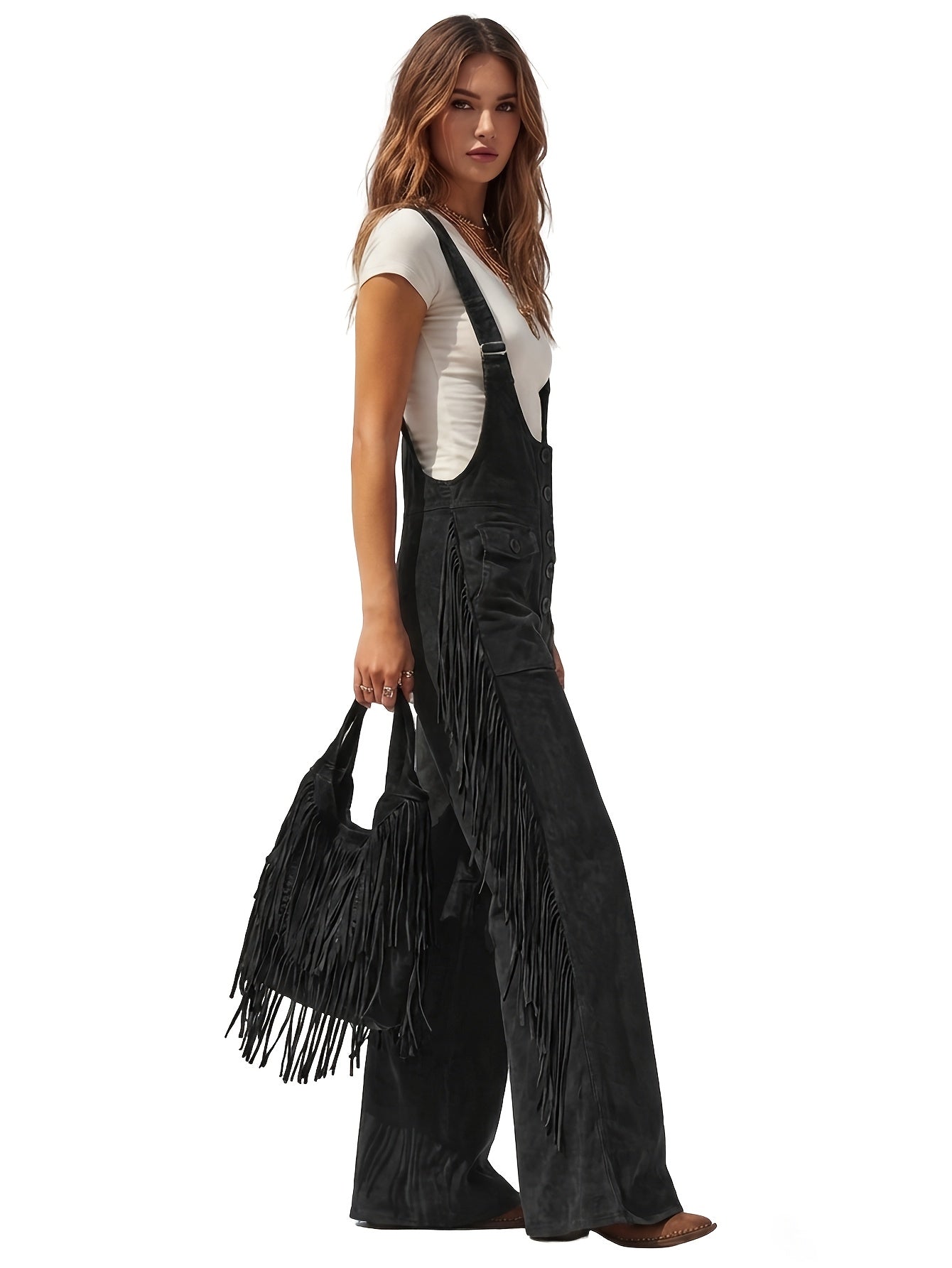 Vintage Fringe Detail Overalls, Loose Wide Leg Design, Fashion Youthful Casual Style, Daily Outing Travel Outfit, Versatile Multi-Occasion Wear