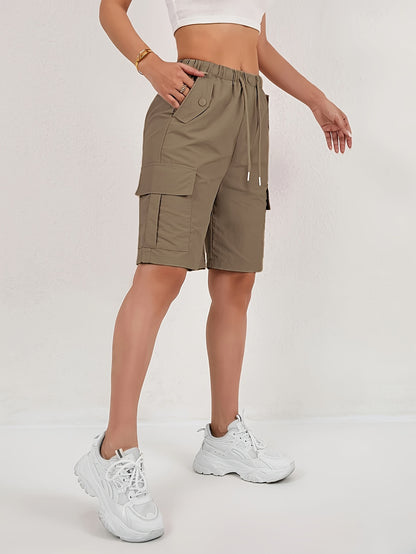[Quick-Dry Cargo Shorts] 2pcs Women's Lightweight Quick-Dry Cargo Shorts - Loose Fit, Multi-Pocket Design, Mid-Thigh Length, Casual Wear For Spring/Summer/Fall, Machine Washable, Beige, Outdoor | Relaxed Fit Shorts | Shorts