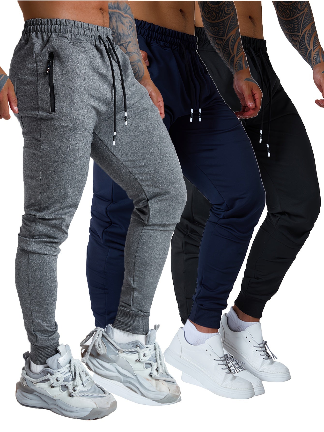 3PCS Men's Sweatpants with Zipper Pockets Tapered Joggers for Men - Athletic Pants for Workout, Jogging, Running - Breathable & Comfortable Fabric - Suitable for Men - Perfect for Fitness Enthusiasts