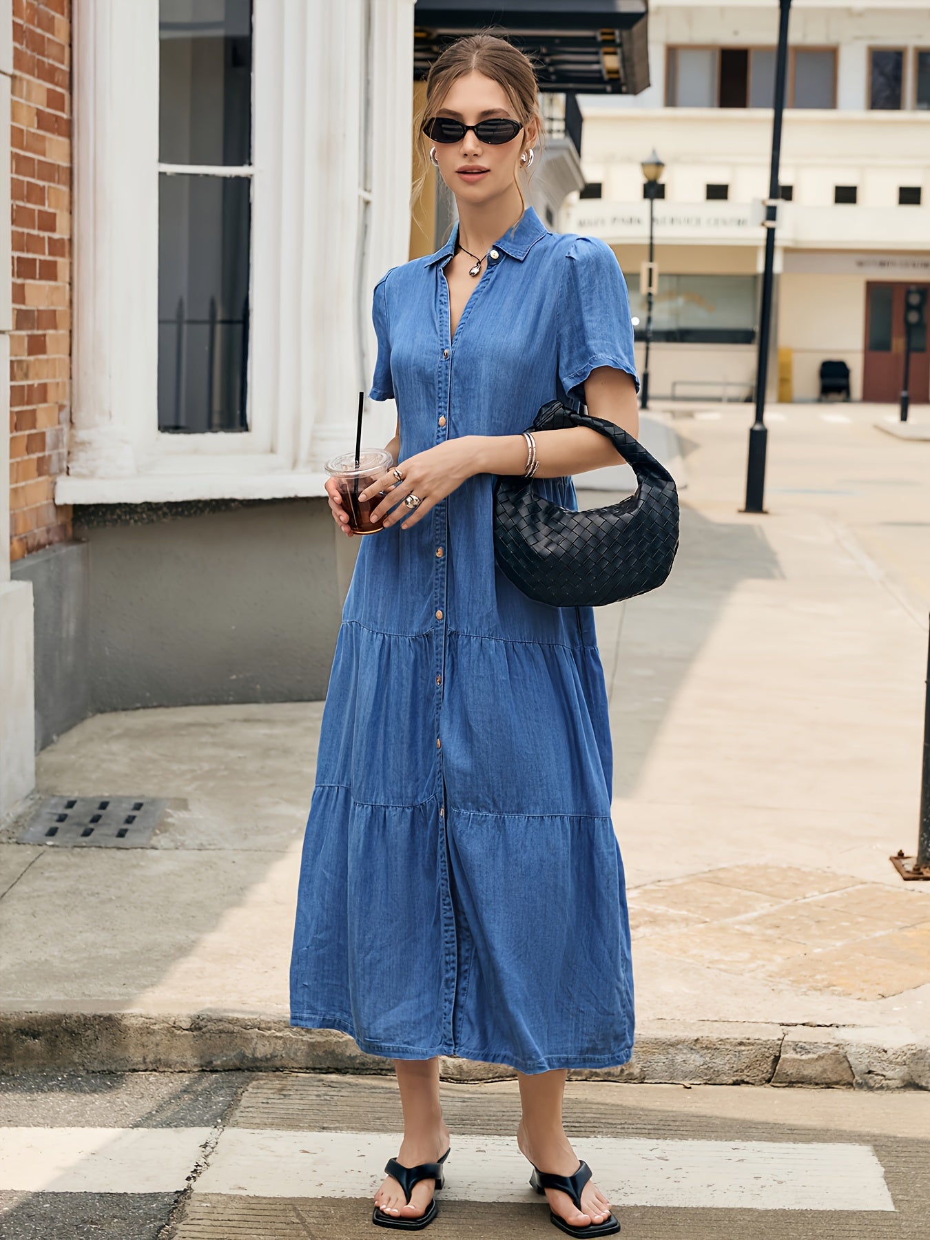 Women'S Light Blue Lyocell Denim Dress - Elegant V-Neck Short Sleeve Multi-Tiered Ruffled Hem Casual Vacation Dress, Machine Washable Regular Fit All-Season Wear