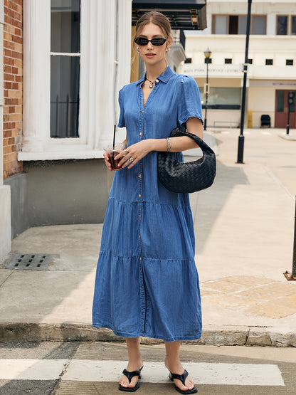 Women'S Light Blue Lyocell Denim Dress - Elegant V-Neck Short Sleeve Multi-Tiered Ruffled Hem Casual Vacation Dress, Machine Washable Regular Fit All-Season Wear