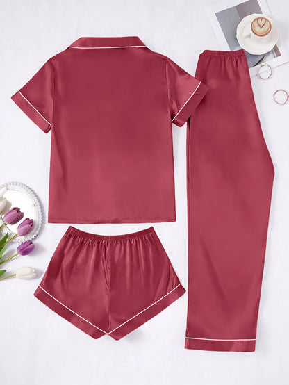 Solid Color Women'S Simple And Comfortable 3pcs Pajama Set, Includes 3pcss: Collared Short-Sleeve Top & Elastic Waist Shorts & Elastic Waist Long Pants Women'S Pajama Set
