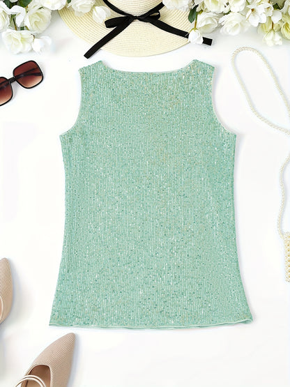 Sparkling Sequin V-Neck Sleeveless Top, Elegant Casual Tank for Spring and Summer Wear