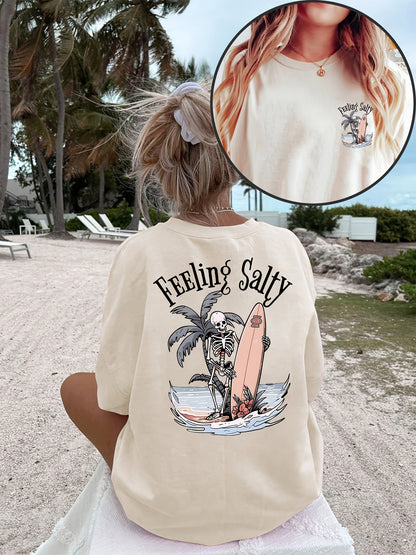 Plus Size - Women'S Large-Size Casual Loose Round-Neck Short-Sleeve T-Shirt - "FEELING SALTY" Surf Skull Pattern Print, High-Elasticity Machine Washable Summer Beach Top, Beach Vacation Attire, Women'S Plus Size T-Shirt