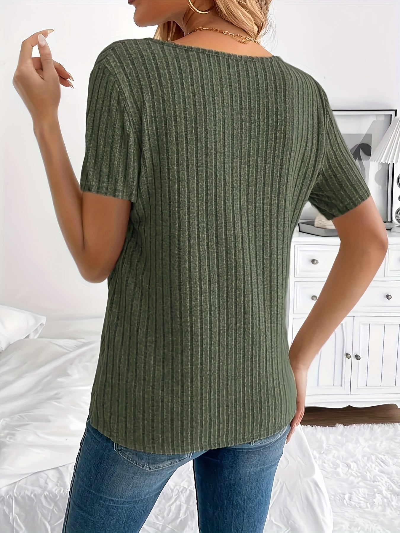 Elegant Spring/Summer Women's V-Neck T-Shirt with Chic Button Detail, Casual Ribbed Short Sleeve Top, Stretch Polyester, Machine Washable, Suitable for Everyday Style, Loose Fit