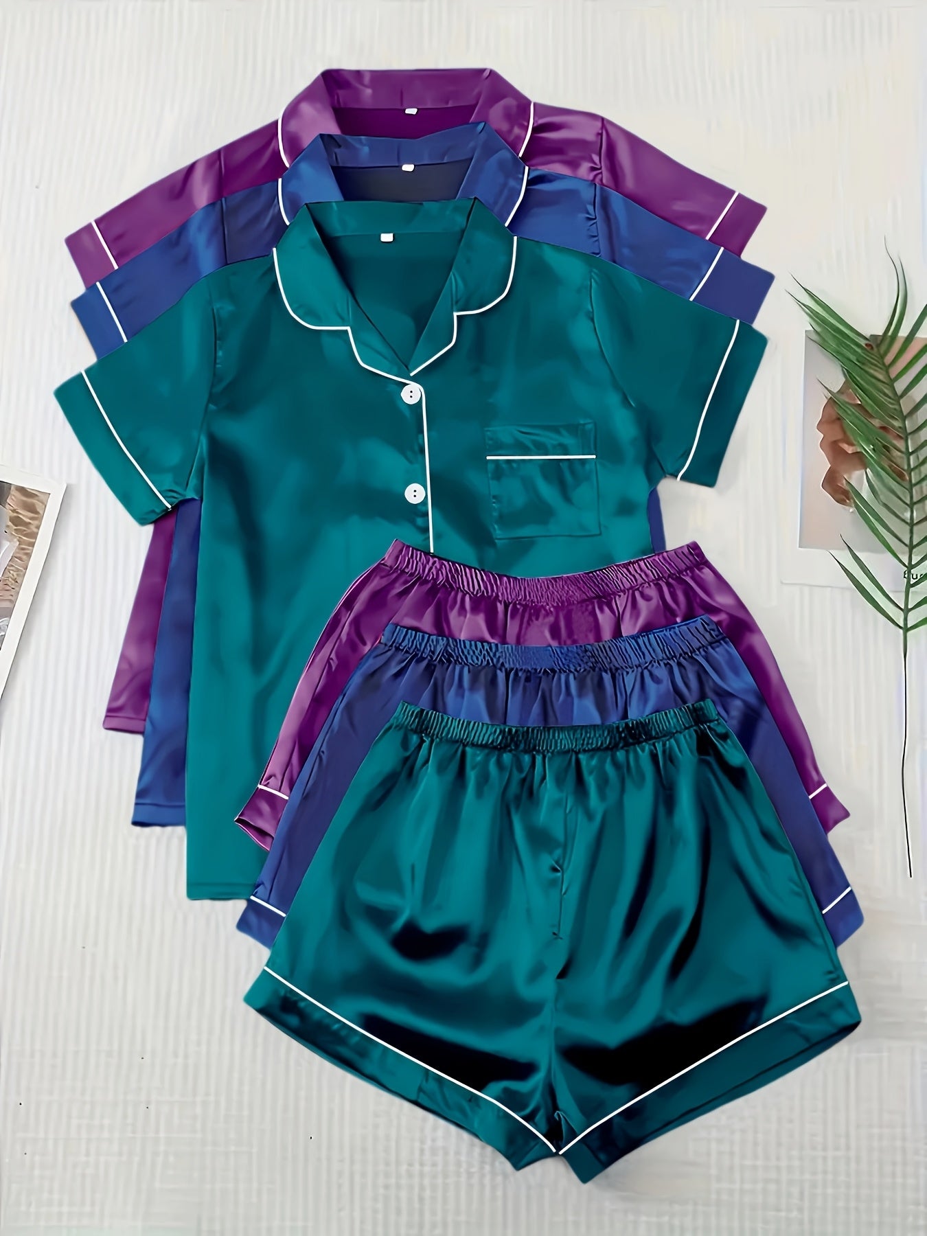 Casual, Fashionable, and Comfortable 6pcs Set in 3 Colors: Solid, Plain, Satin, and Satin Trim Short-Sleeve Shirt & Elastic Waist Shorts Pajama Set