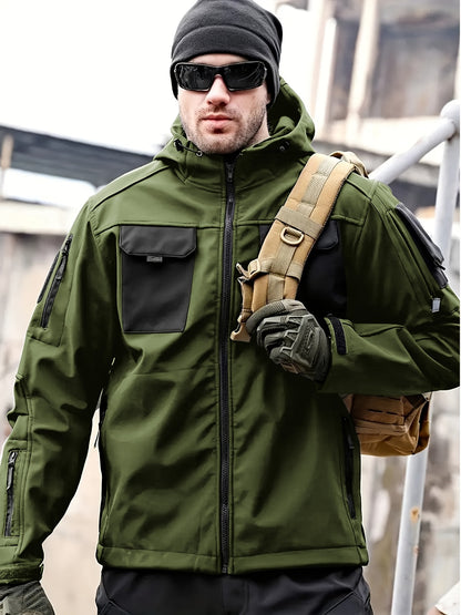 Men's Tactical Jacket Outdoor Zippered Shell Jacket, Windproof, Scratch Resistant, Warm Hooded Jacket, Suitable for Outdoor Activities, Ripstop Technology, Multiple Utility Pockets - Non-Stretch Outdoor Gear for Camping, Survival, Tactical Training.
