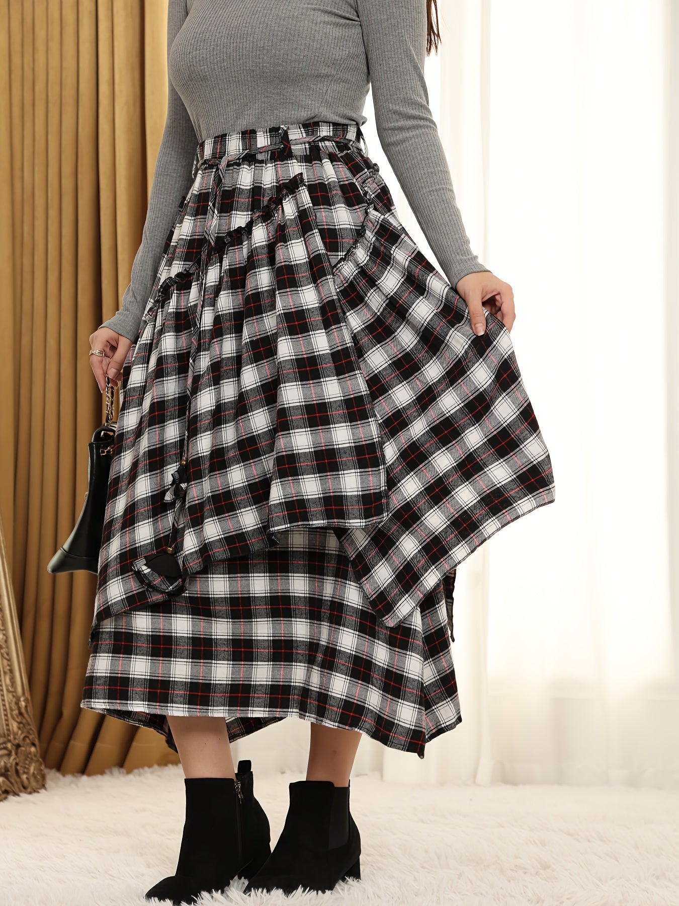 Victorian Gothic Handmade Fringe Plaid Skirt 2025 | Asymmetric Ruffle High-Waist Beach Skirt | Elastic Waist Multi-Layer Vacation Dress | Spring Summer Sweet Style Ladies Gift
