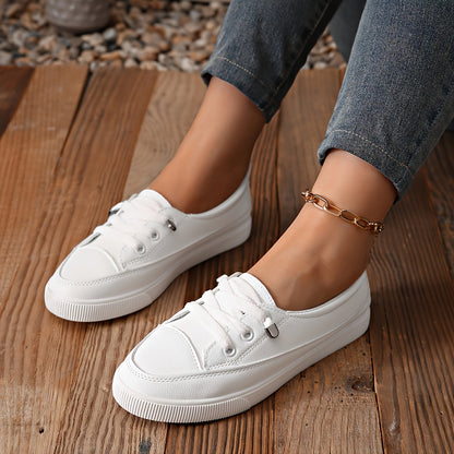 [Non-Slip White Sneakers] Women's Non-Slip White Fashion Sneakers - Wide Toe Lace-Up PU Skate Shoes, Lightweight and Wear-Resistant Outsole Wide-Fit Comfortable Casual Shoes, Shock-Absorbing Soles, Suitable for Daily Commute, Campus, Travel, Outdoor Activ