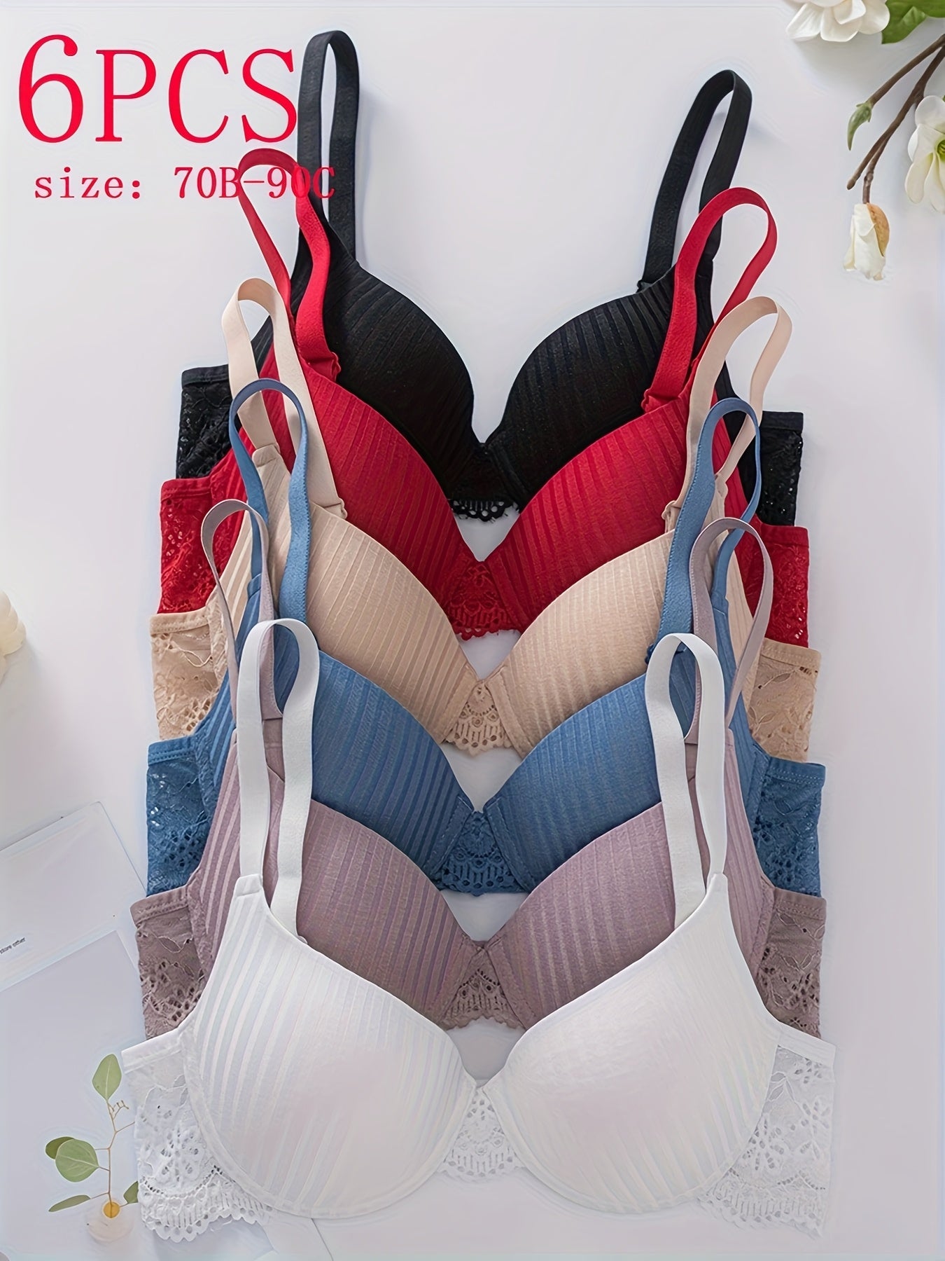 Set of 6 Women'S Viscose Push-Up Bras Featuring a Mature Design in Solid Colors with Lace Accents, Offering High Support with Steel Wiring. Ideal for Comfortable Casual Wear, Hand Wash Solely, Available in Red, Black