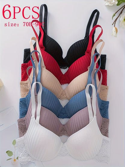 Set of 6 Women'S Viscose Push-Up Bras Featuring a Mature Design in Solid Colors with Lace Accents, Offering High Support with Steel Wiring. Ideal for Comfortable Casual Wear, Hand Wash Solely, Available in Red, Black