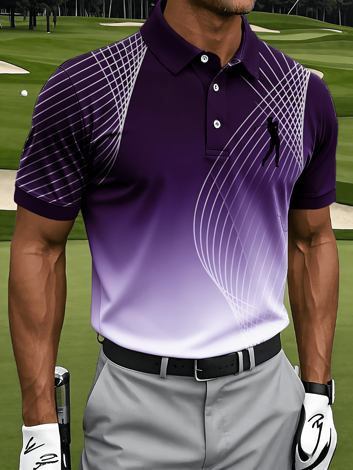 Men's Casual Sports Short Sleeve, Mesh Lines and Golf Pattern Print, Polyester Fabric Machine Washable, Breathable Regular Fit, Suitable for Daily Casual Sports Wear, PLUS SIZE